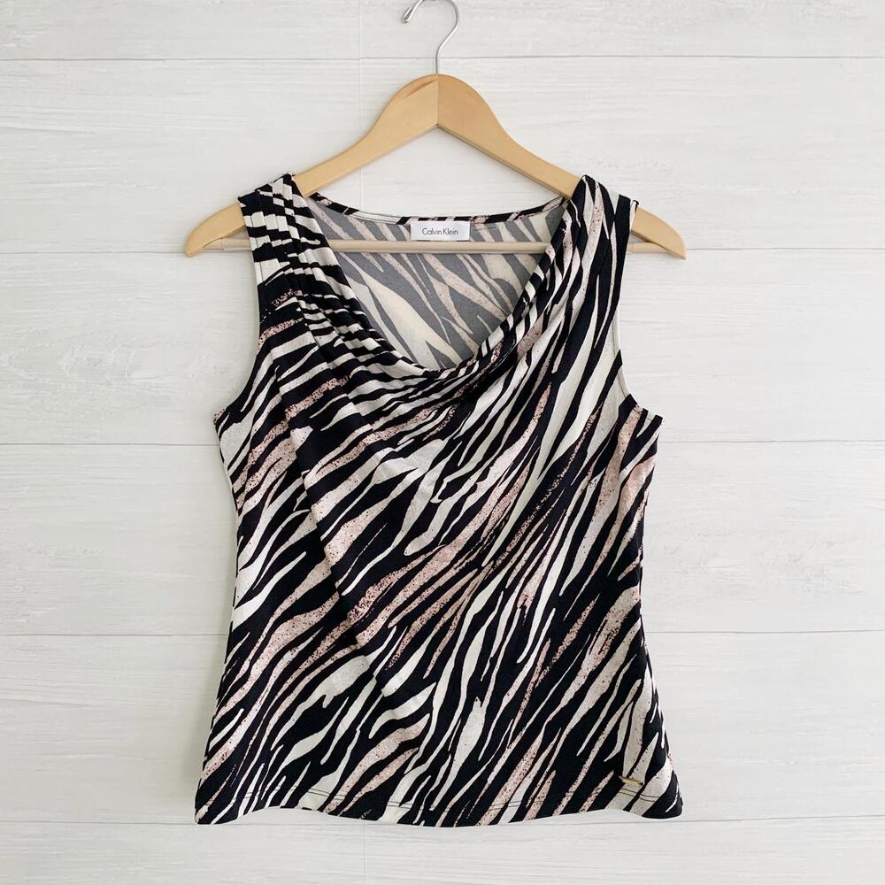 Calvin Klein - Black beige abstract drape neck sleeveless stretch top, PM
